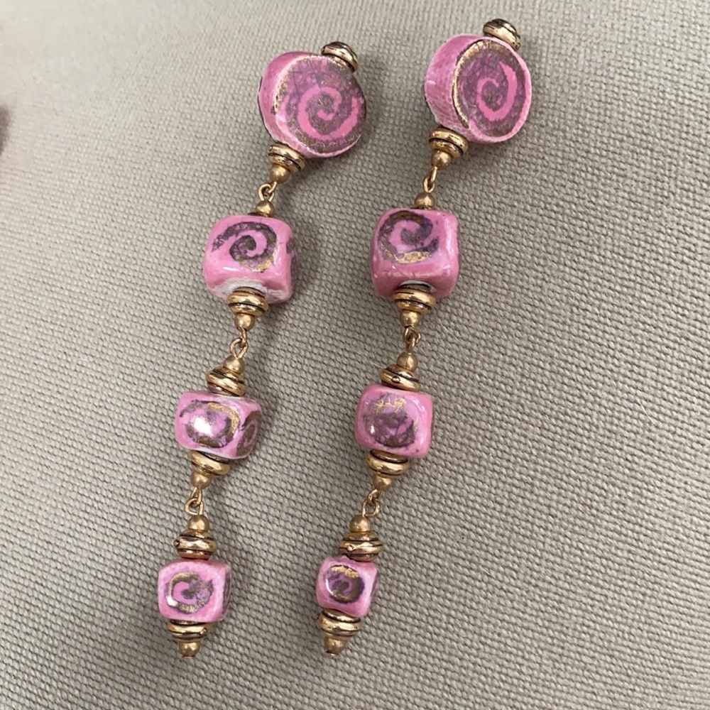 Vintage set pink glass earrings brooch bracelet - Picture 2 of 8
